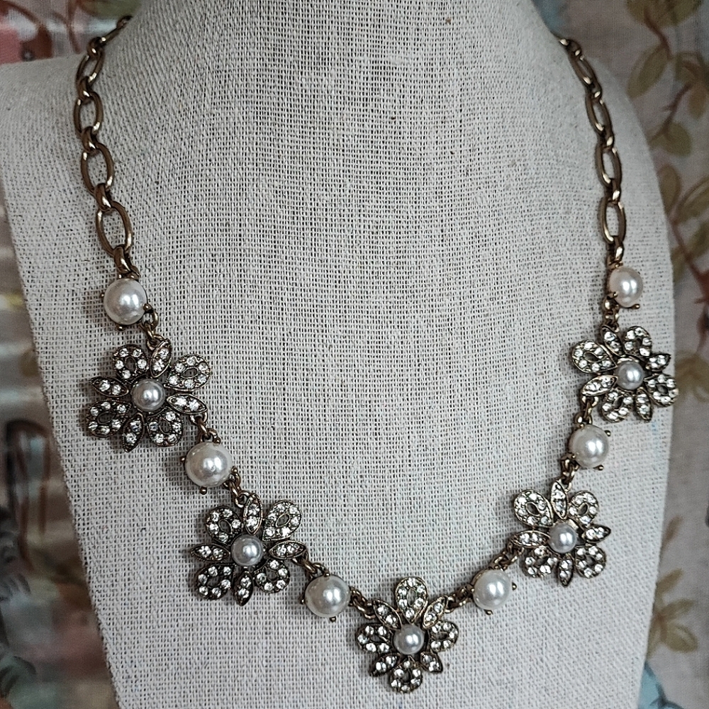 Light Gold Tone Faux Flat Back Pearl Rhinestone Bride Bridal Wedding Necklace - Picture 2 of 9